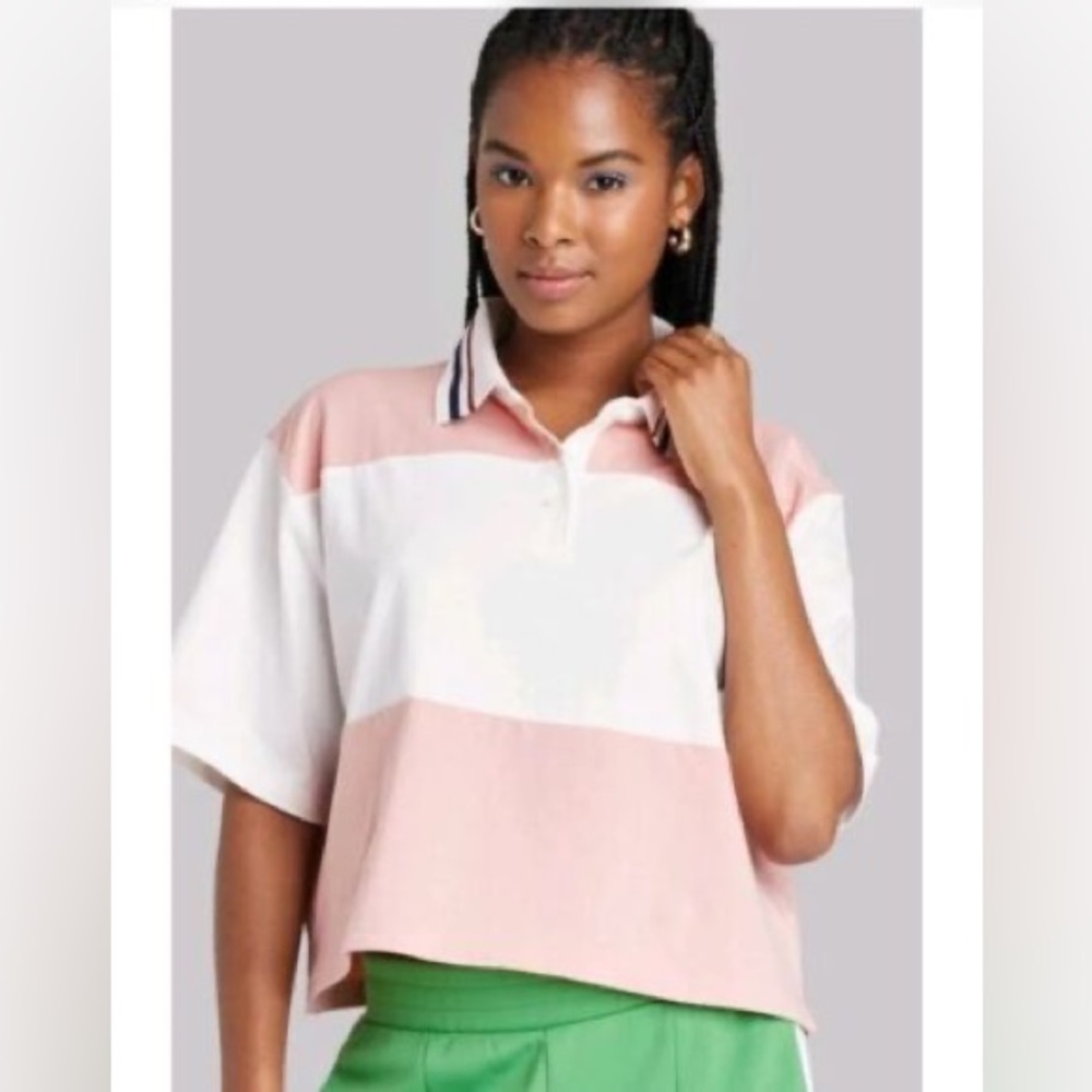 Wild Fable- Women's Short Sleeve Rugby Shirt- Pink Crop color Block NWT Small